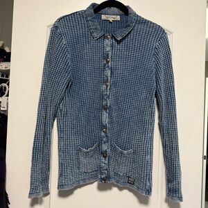 Piece of Blue Denim Snap Button Long Sleeve Shirt Top Blouse Size Large